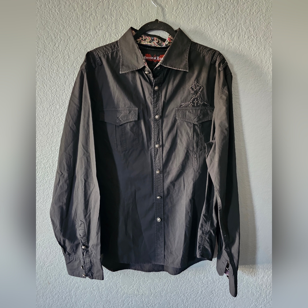 House Of Lords Men's Black Casual Button-Down Shirt with Stud Detaile